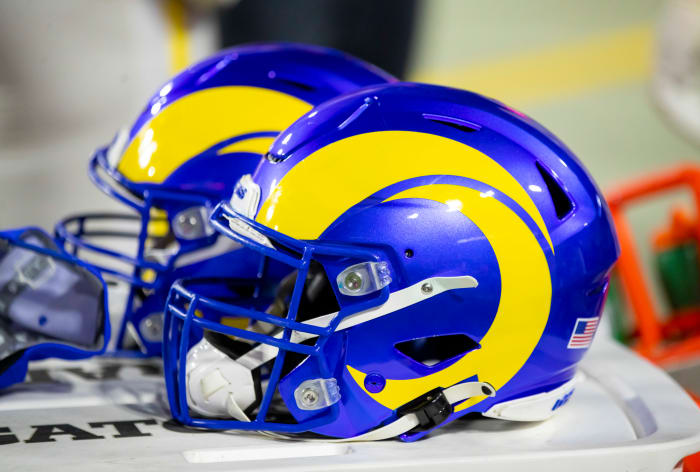 Dec 13, 2021; Glendale, Arizona, USA; Detailed view of Los Angeles Rams helmet on sidelines against the Arizona Cardinals at State Farm Stadium. Mandatory Credit: Mark J. Rebilas-USA TODAY Sports